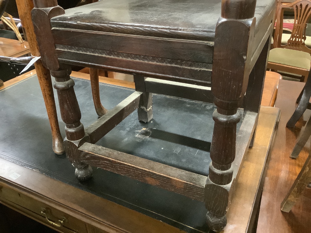 A 17th century style oak wainscot chair, width 48cm, depth 50cm, height 110cm